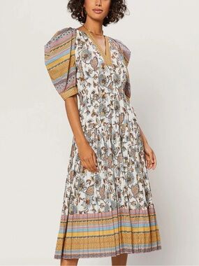 Current Air Boho Floral V-Neck Maxi Dress in White and Mustard